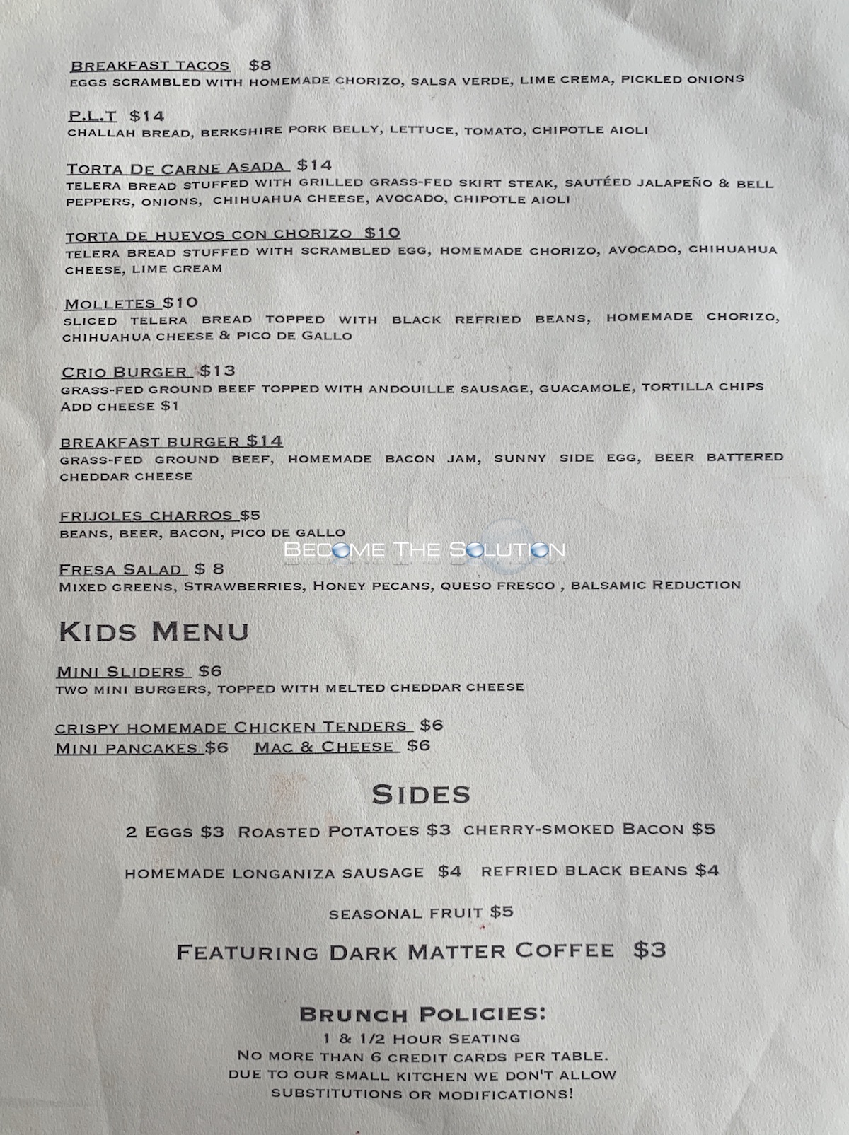 Crio Chicago Brunch Menu (Scanned Menu With Prices)